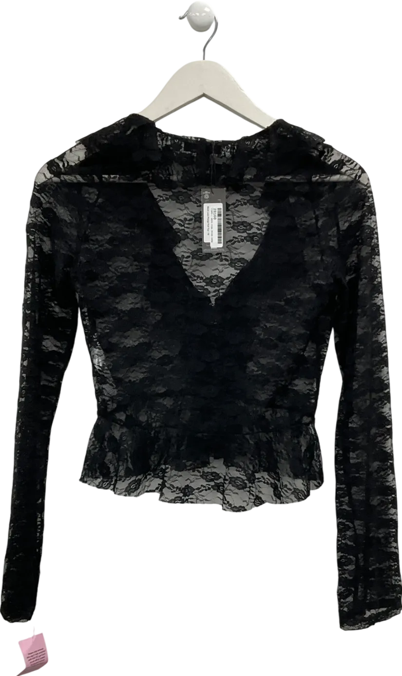 PrettyLittleThing Black Lace Plunge Frill Top UK 10