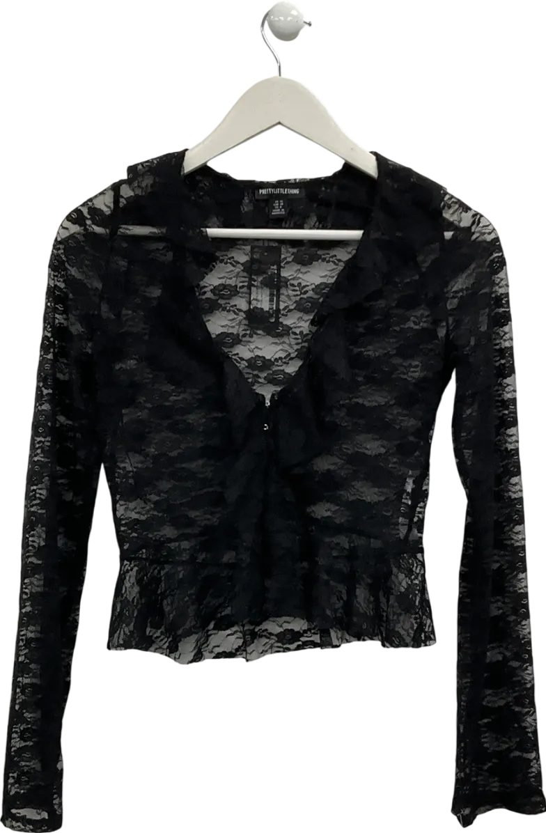 PrettyLittleThing Black Lace Plunge Frill Top UK 10