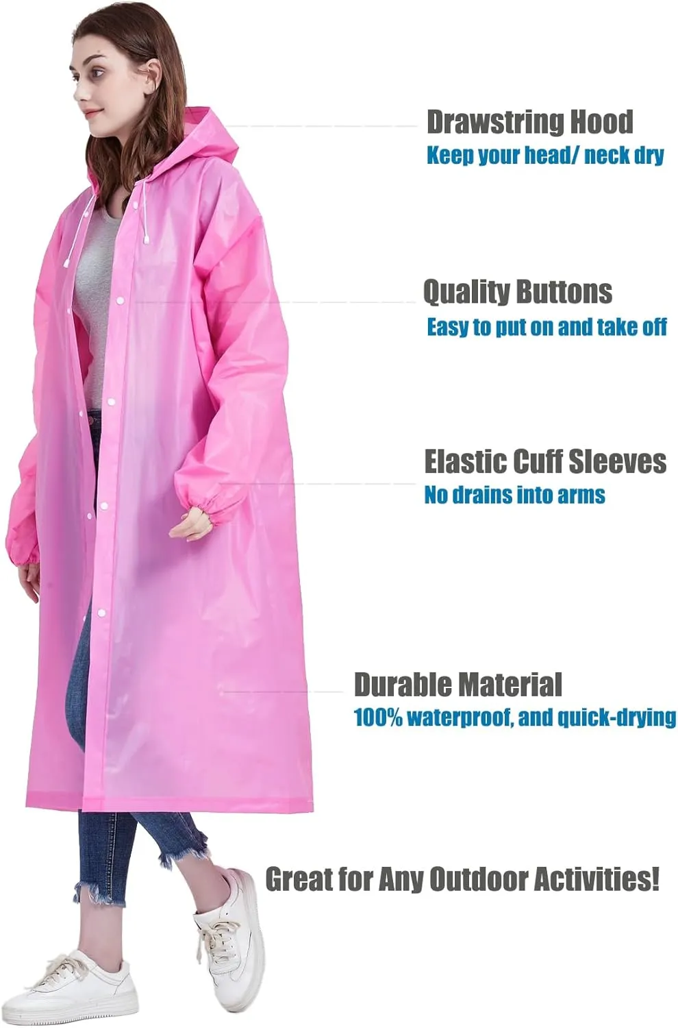 Rain Ponchos for Adults, Reusable Raincoats for Women and Men - Packable Rain Jackets with Drawstring Hood