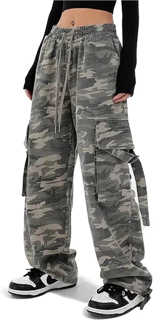 REFRASE LIFE Womens Cargo Pants High Waisted Wide Leg Baggy Streetwear Y2K Drawstring Camo Trousers,100% Cotton