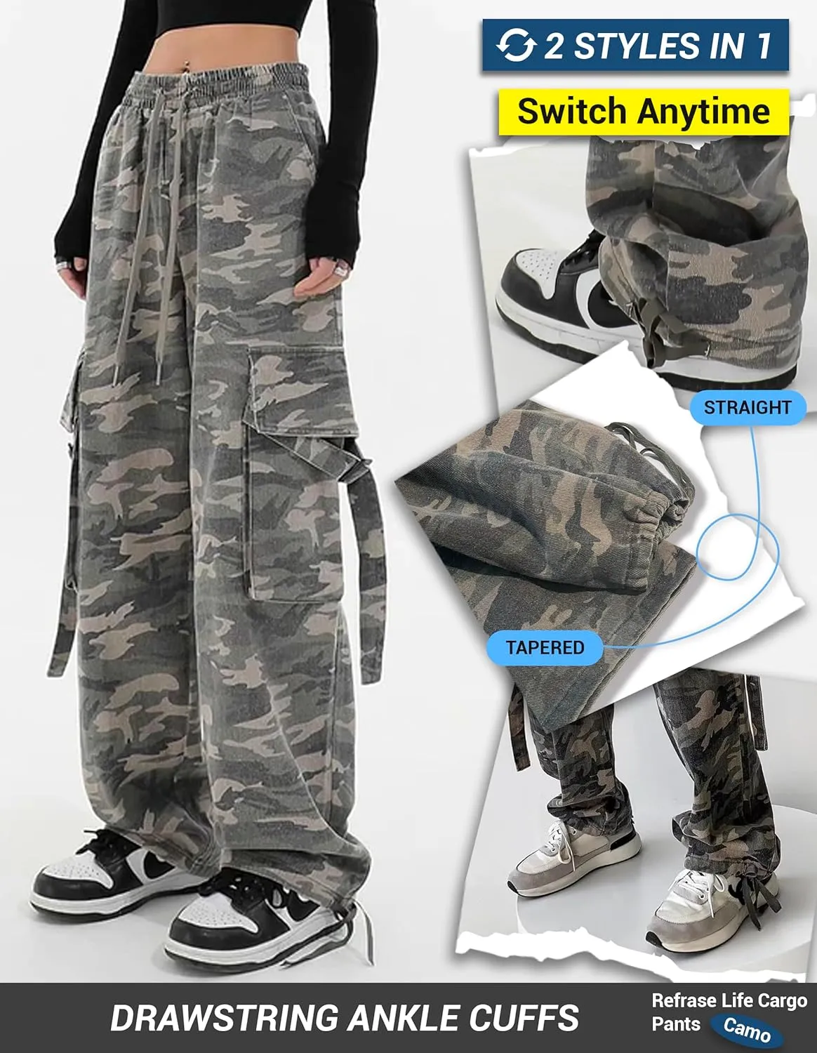 REFRASE LIFE Womens Cargo Pants High Waisted Wide Leg Baggy Streetwear Y2K Drawstring Camo Trousers,100% Cotton
