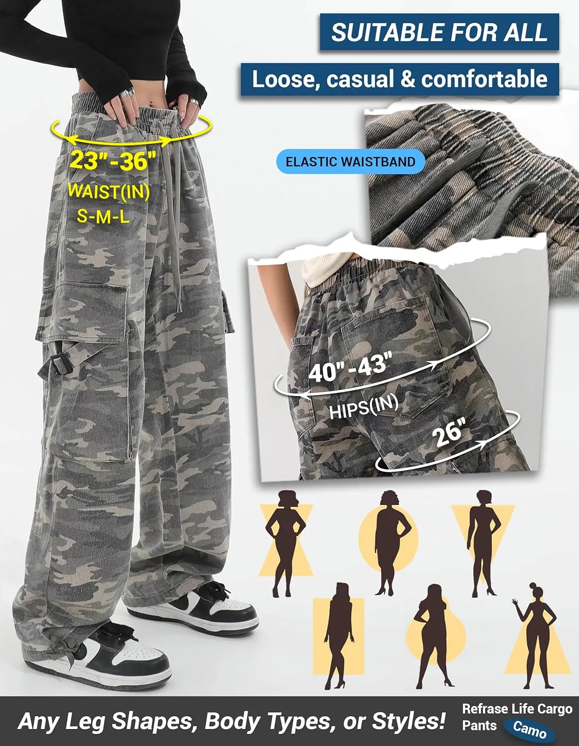 REFRASE LIFE Womens Cargo Pants High Waisted Wide Leg Baggy Streetwear Y2K Drawstring Camo Trousers,100% Cotton