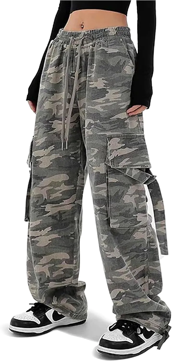 REFRASE LIFE Womens Cargo Pants High Waisted Wide Leg Baggy Streetwear Y2K Drawstring Camo Trousers,100% Cotton