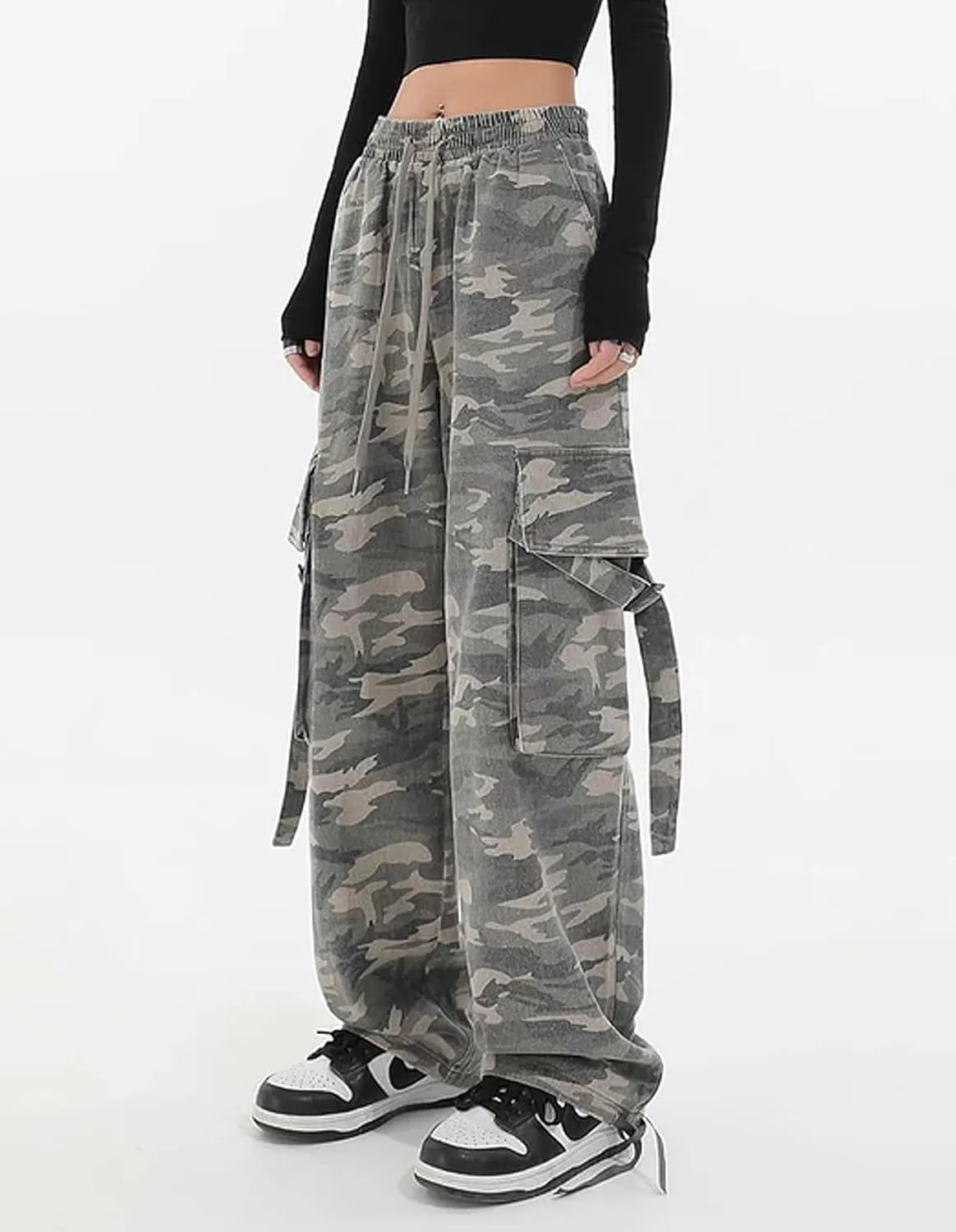 REFRASE LIFE Womens Cargo Pants High Waisted Wide Leg Baggy Streetwear Y2K Drawstring Camo Trousers,100% Cotton