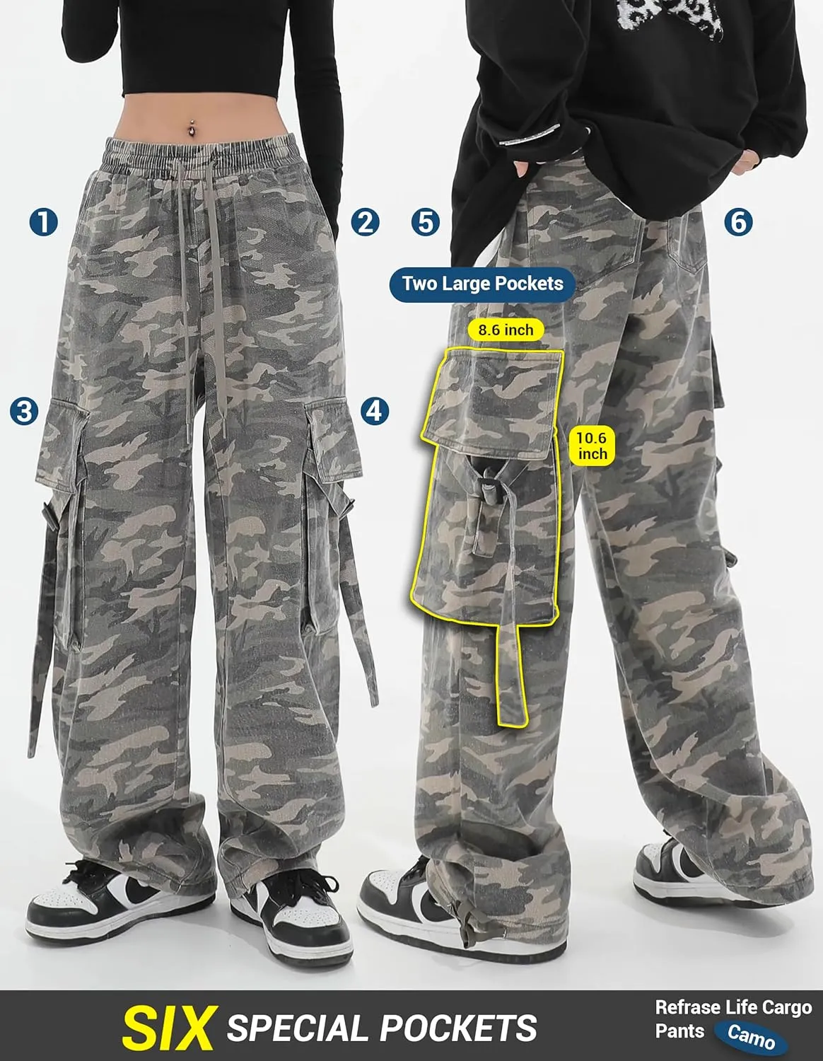 REFRASE LIFE Womens Cargo Pants High Waisted Wide Leg Baggy Streetwear Y2K Drawstring Camo Trousers,100% Cotton