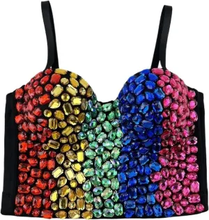Rhinestone Corset Women Color Patchwork Rhinestone Bustier Corset Crop Top to Wear Out Evening Club Bar Nightwears Camisoles(XS)