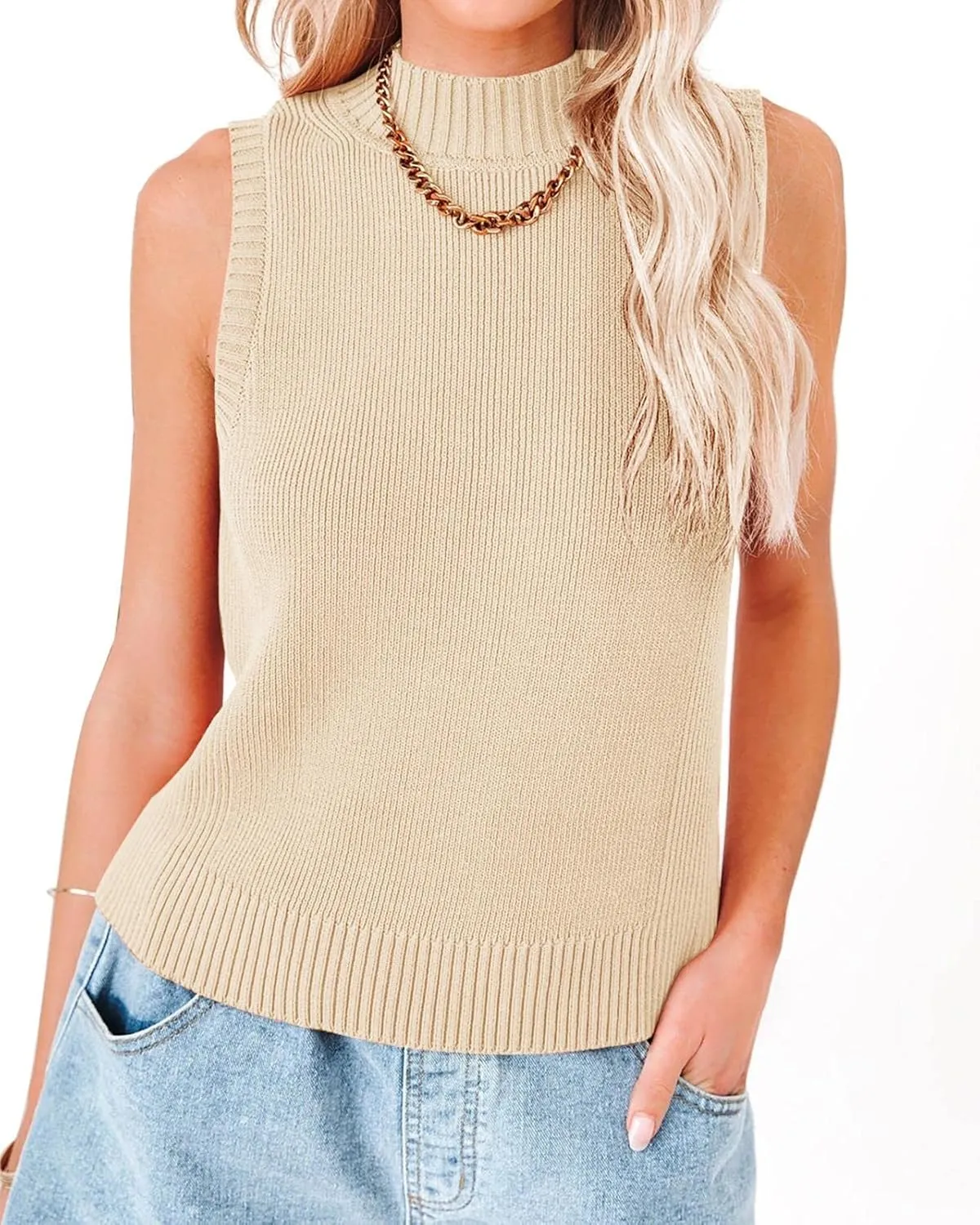 Rilista Women Summer Knit Tank Tops Sleeveless Turtleneck Cami Shirts Ribbed Mock Neck Pullover Sweater Vests