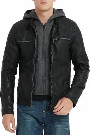 RISISSIDA Men's Faux Leather Bomber Jacket for Fall Winter and Spring, Warm Double Zipper Up Coat with Detachable Hood