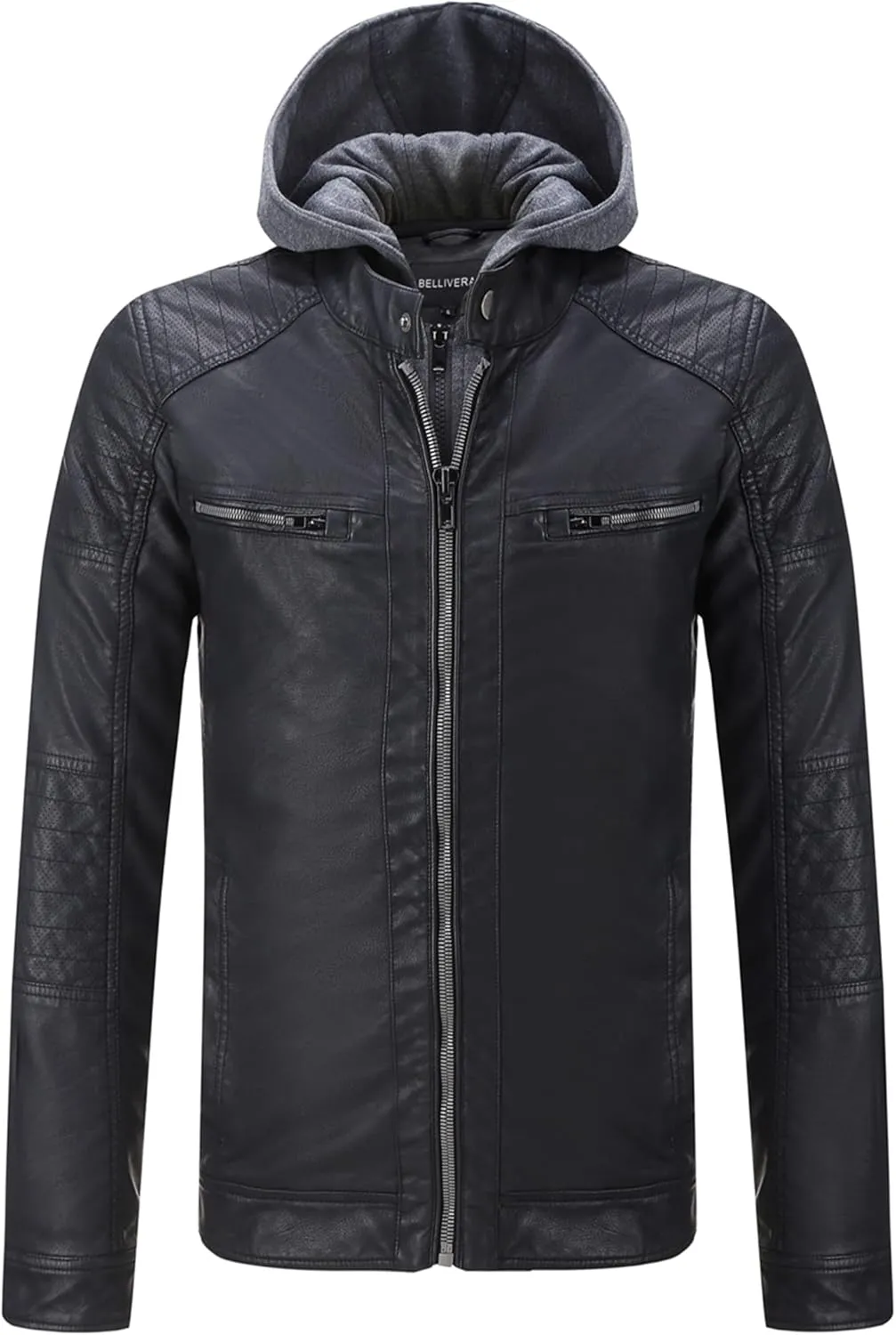 RISISSIDA Men's Faux Leather Bomber Jacket for Fall Winter and Spring, Warm Double Zipper Up Coat with Detachable Hood