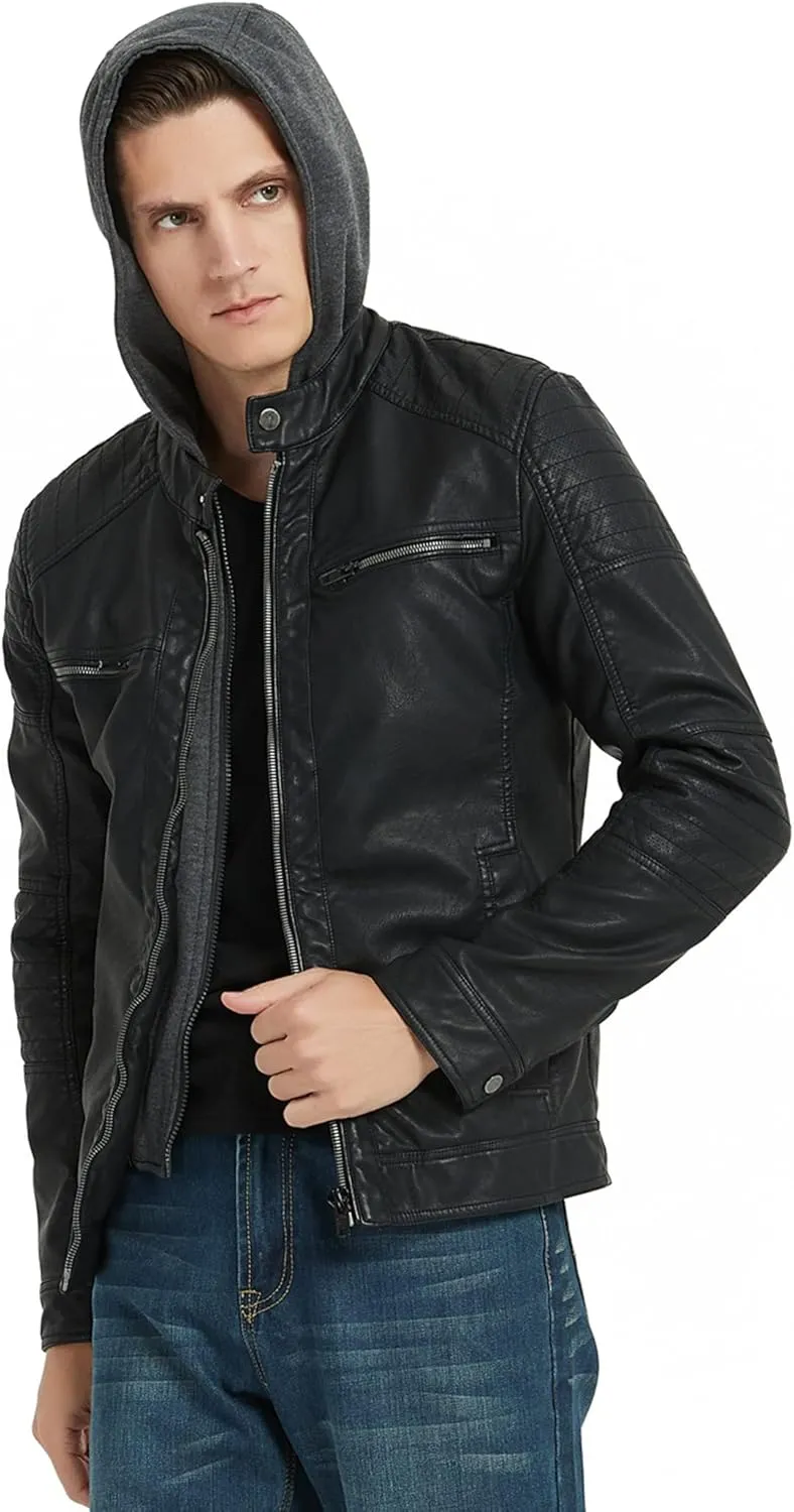 RISISSIDA Men's Faux Leather Bomber Jacket for Fall Winter and Spring, Warm Double Zipper Up Coat with Detachable Hood