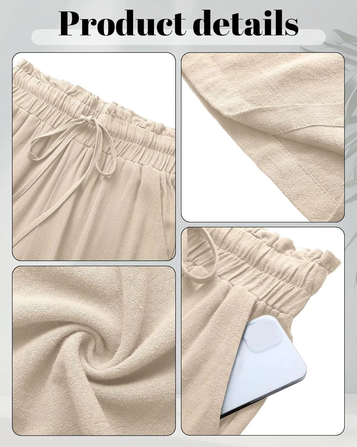 Riyiper 2 Pcs Women's Wide Leg Pants, Casual Linen High Waisted Cropped Trousers with Pockets Drawstring Loose Palazzo Pants