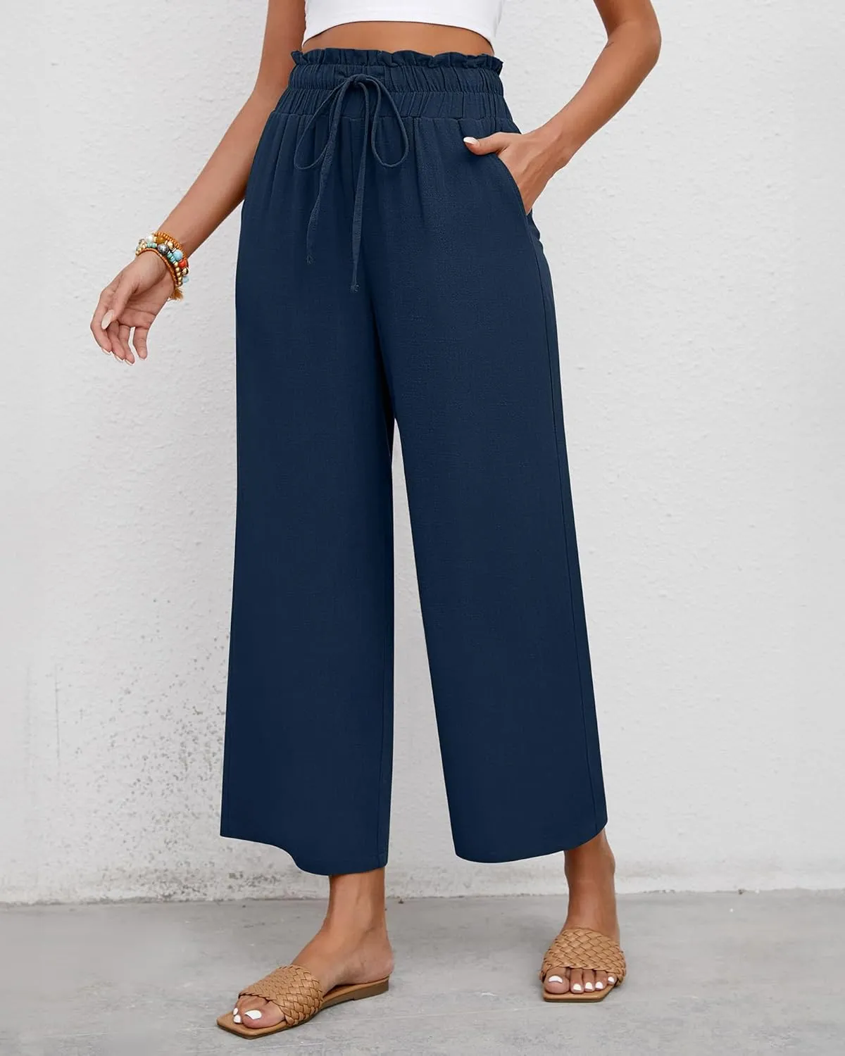 Riyiper 2 Pcs Women's Wide Leg Pants, Casual Linen High Waisted Cropped Trousers with Pockets Drawstring Loose Palazzo Pants