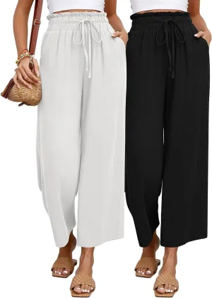 Riyiper 2 Pcs Women's Wide Leg Pants, Casual Linen High Waisted Cropped Trousers with Pockets Drawstring Loose Palazzo Pants