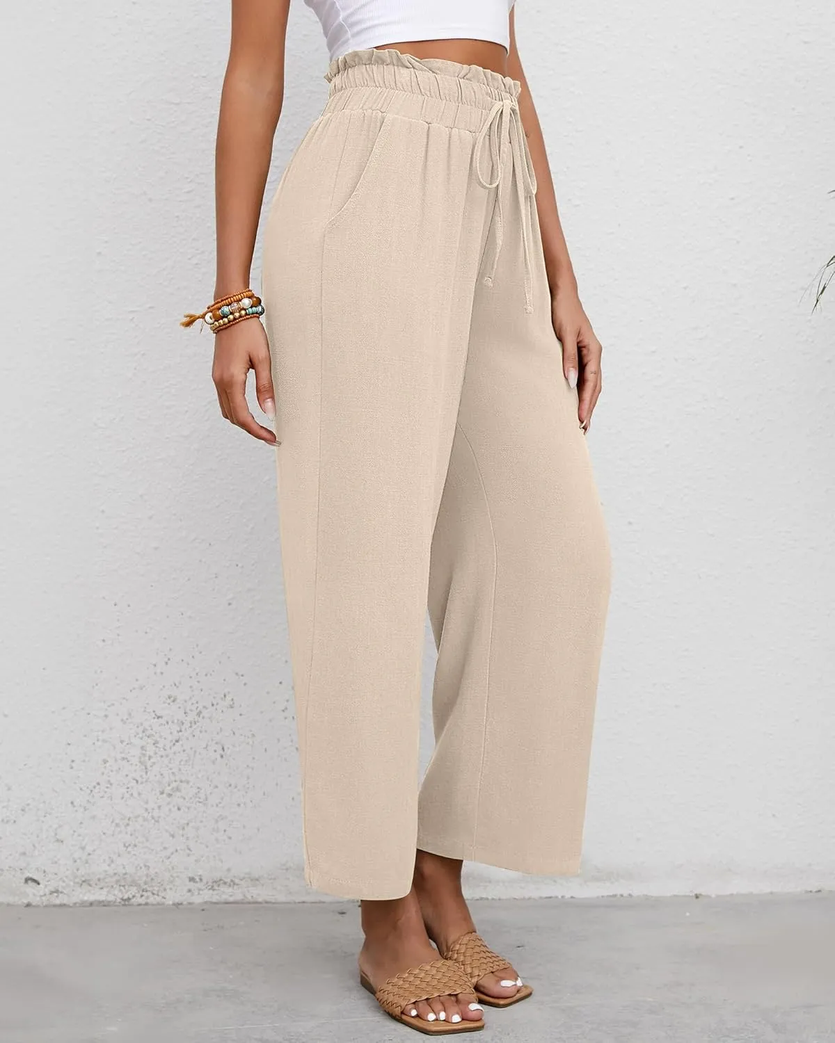 Riyiper 2 Pcs Women's Wide Leg Pants, Casual Linen High Waisted Cropped Trousers with Pockets Drawstring Loose Palazzo Pants