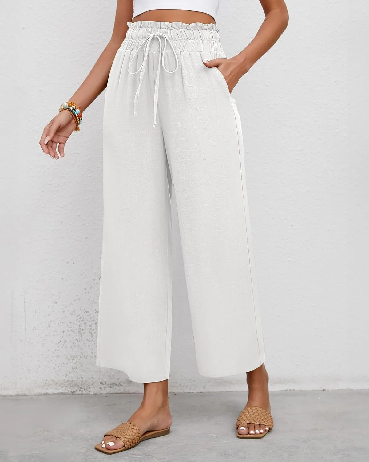Riyiper 2 Pcs Women's Wide Leg Pants, Casual Linen High Waisted Cropped Trousers with Pockets Drawstring Loose Palazzo Pants