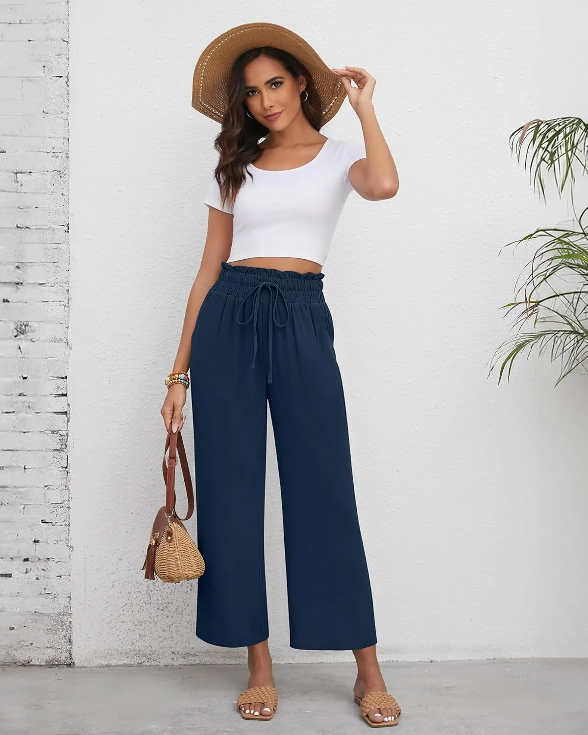 Riyiper 2 Pcs Women's Wide Leg Pants, Casual Linen High Waisted Cropped Trousers with Pockets Drawstring Loose Palazzo Pants