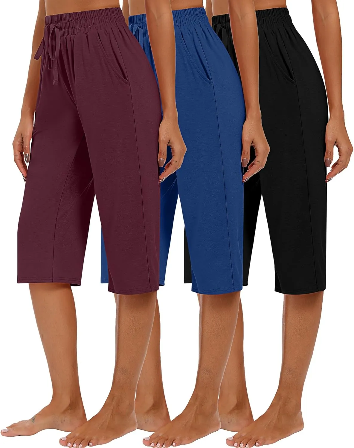 Riyiper 3 Pack Women Causal Capri Pants Drawstring Lounge Yoga Capri Sweatpants Loose Wide Leg Crop Trousers with Pockets