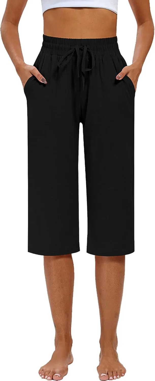 Riyiper 3 Pack Women Causal Capri Pants Drawstring Lounge Yoga Capri Sweatpants Loose Wide Leg Crop Trousers with Pockets