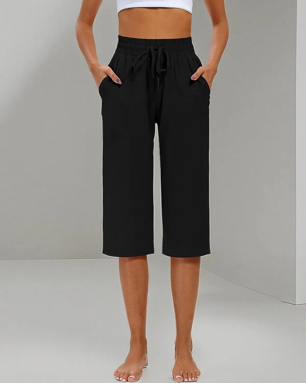 Riyiper 3 Pack Women Causal Capri Pants Drawstring Lounge Yoga Capri Sweatpants Loose Wide Leg Crop Trousers with Pockets