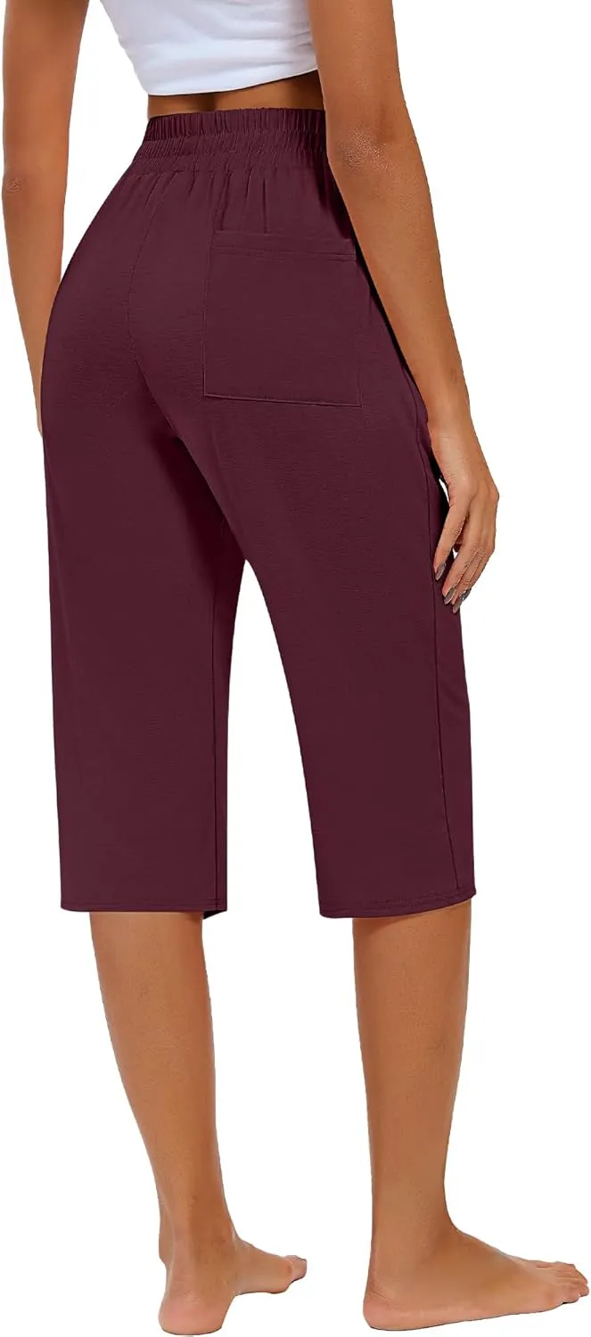 Riyiper 3 Pack Women Causal Capri Pants Drawstring Lounge Yoga Capri Sweatpants Loose Wide Leg Crop Trousers with Pockets