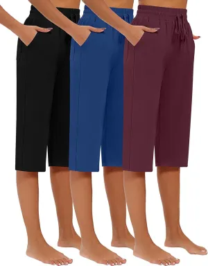 Riyiper 3 Pack Women Causal Capri Pants Drawstring Lounge Yoga Capri Sweatpants Loose Wide Leg Crop Trousers with Pockets