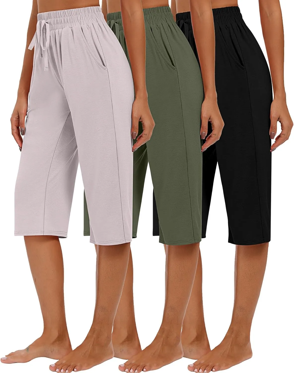 Riyiper 3 Pack Women Causal Capri Pants Drawstring Lounge Yoga Capri Sweatpants Loose Wide Leg Crop Trousers with Pockets