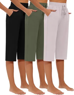 Riyiper 3 Pack Women Causal Capri Pants Drawstring Lounge Yoga Capri Sweatpants Loose Wide Leg Crop Trousers with Pockets