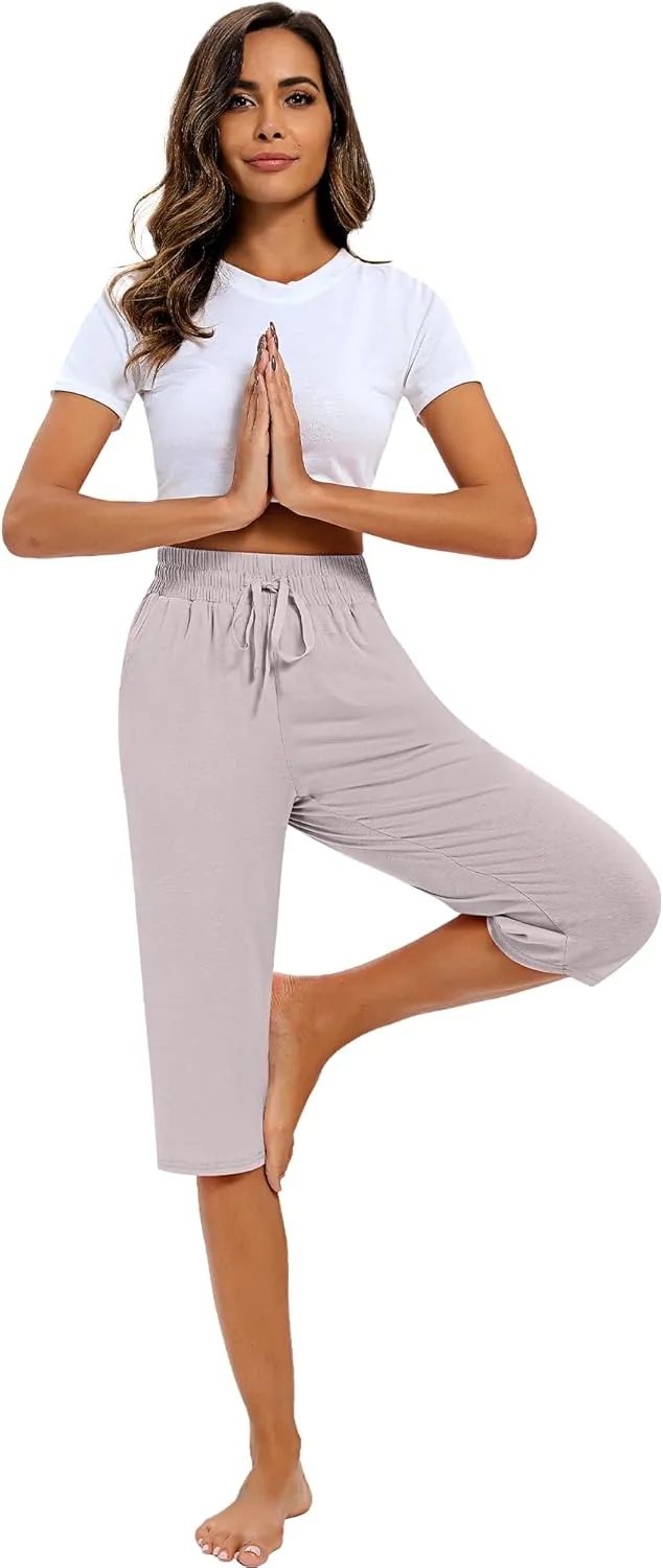 Riyiper 3 Pack Women Causal Capri Pants Drawstring Lounge Yoga Capri Sweatpants Loose Wide Leg Crop Trousers with Pockets