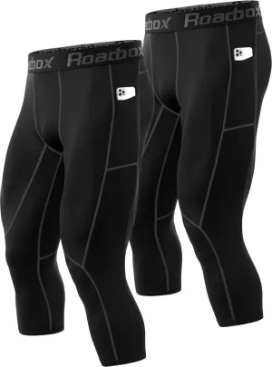 Roadbox Mens 3/4 Compression Pants with Pockets, 1/2 Pack Athletic Running Legging Tights, Workout Basketball Gym Base Layer