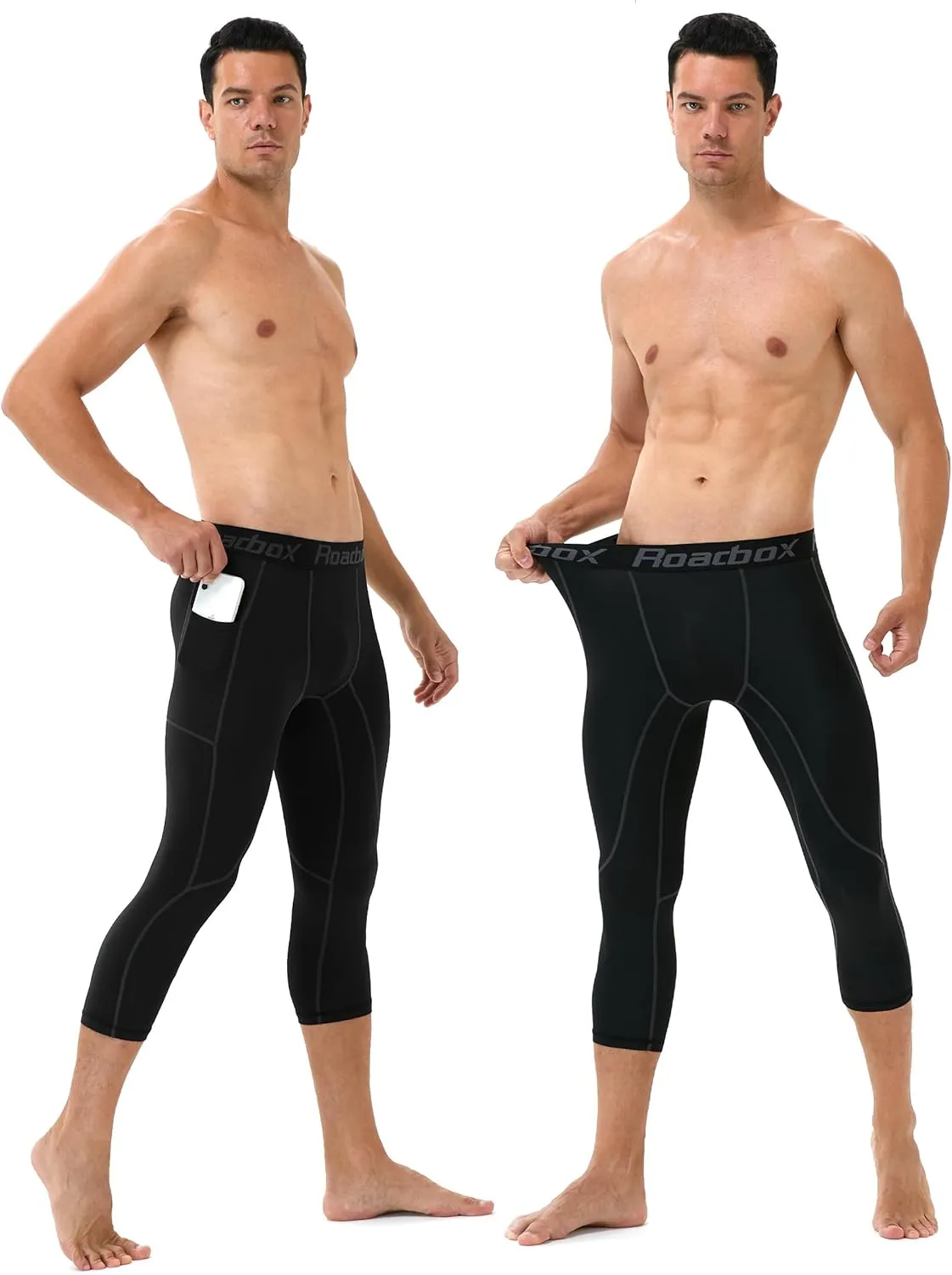 Roadbox Mens 3/4 Compression Pants with Pockets, 1/2 Pack Athletic Running Legging Tights, Workout Basketball Gym Base Layer