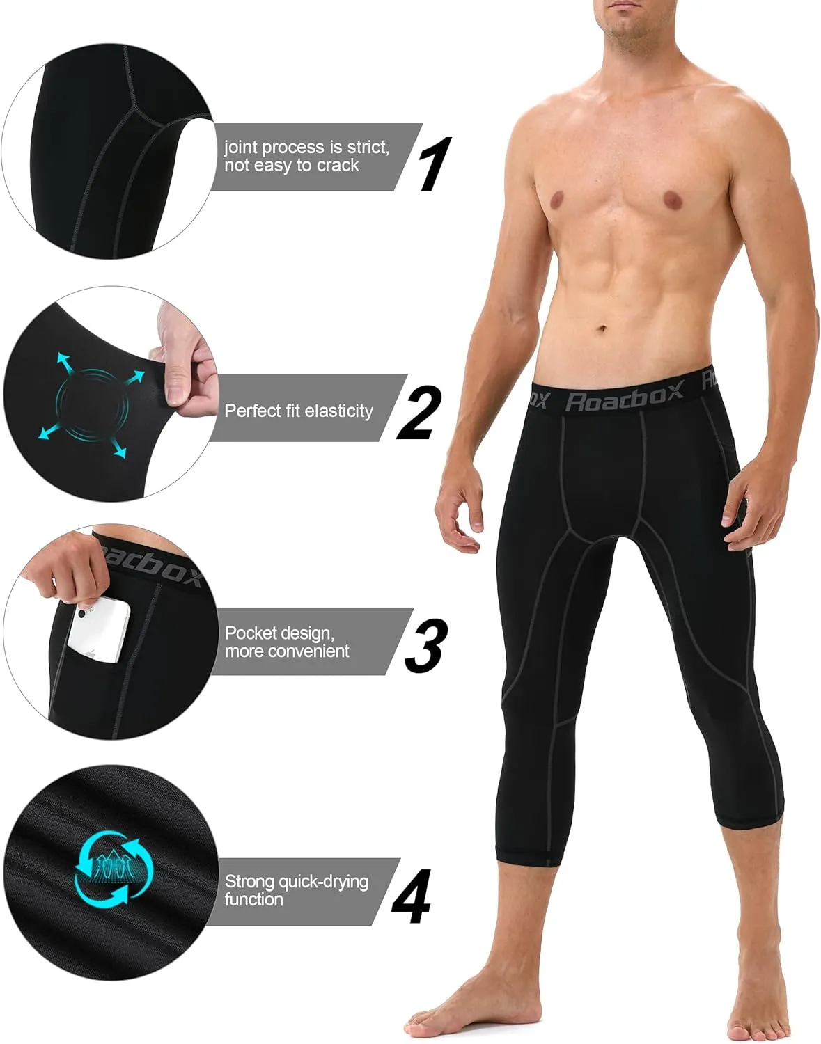 Roadbox Mens 3/4 Compression Pants with Pockets, 1/2 Pack Athletic Running Legging Tights, Workout Basketball Gym Base Layer