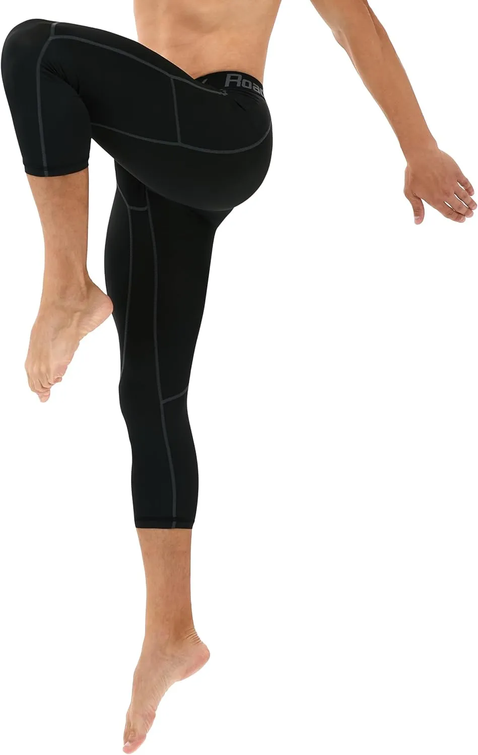 Roadbox Mens 3/4 Compression Pants with Pockets, 1/2 Pack Athletic Running Legging Tights, Workout Basketball Gym Base Layer
