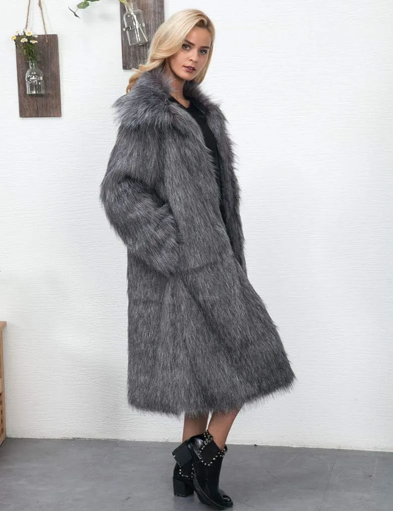 RomanticDesign Women's Long Lapel Faux fur Jacket Shaggy Coat Warm Outerwear Cardigan