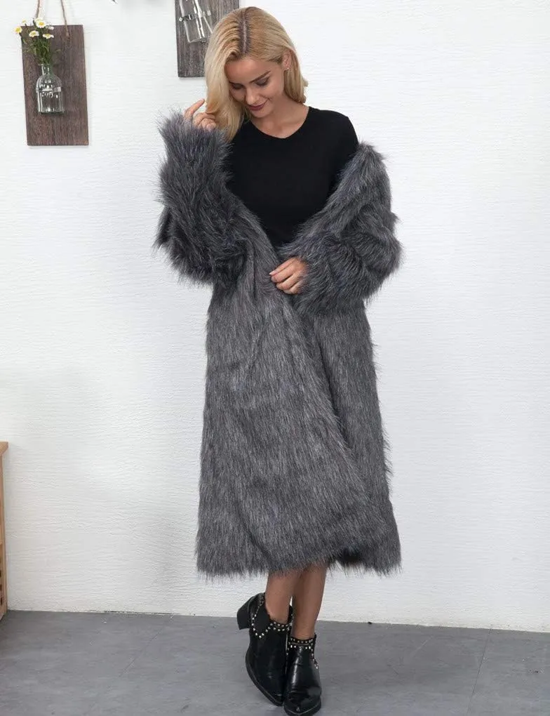 RomanticDesign Women's Long Lapel Faux fur Jacket Shaggy Coat Warm Outerwear Cardigan