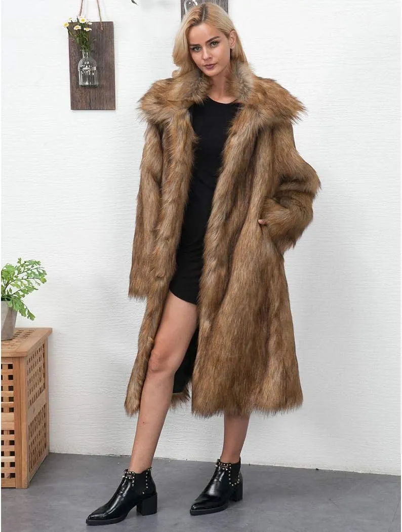 RomanticDesign Women's Long Lapel Faux fur Jacket Shaggy Coat Warm Outerwear Cardigan