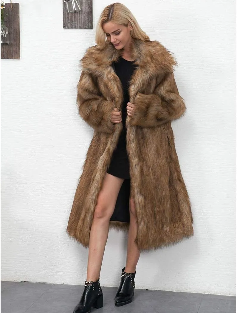 RomanticDesign Women's Long Lapel Faux fur Jacket Shaggy Coat Warm Outerwear Cardigan