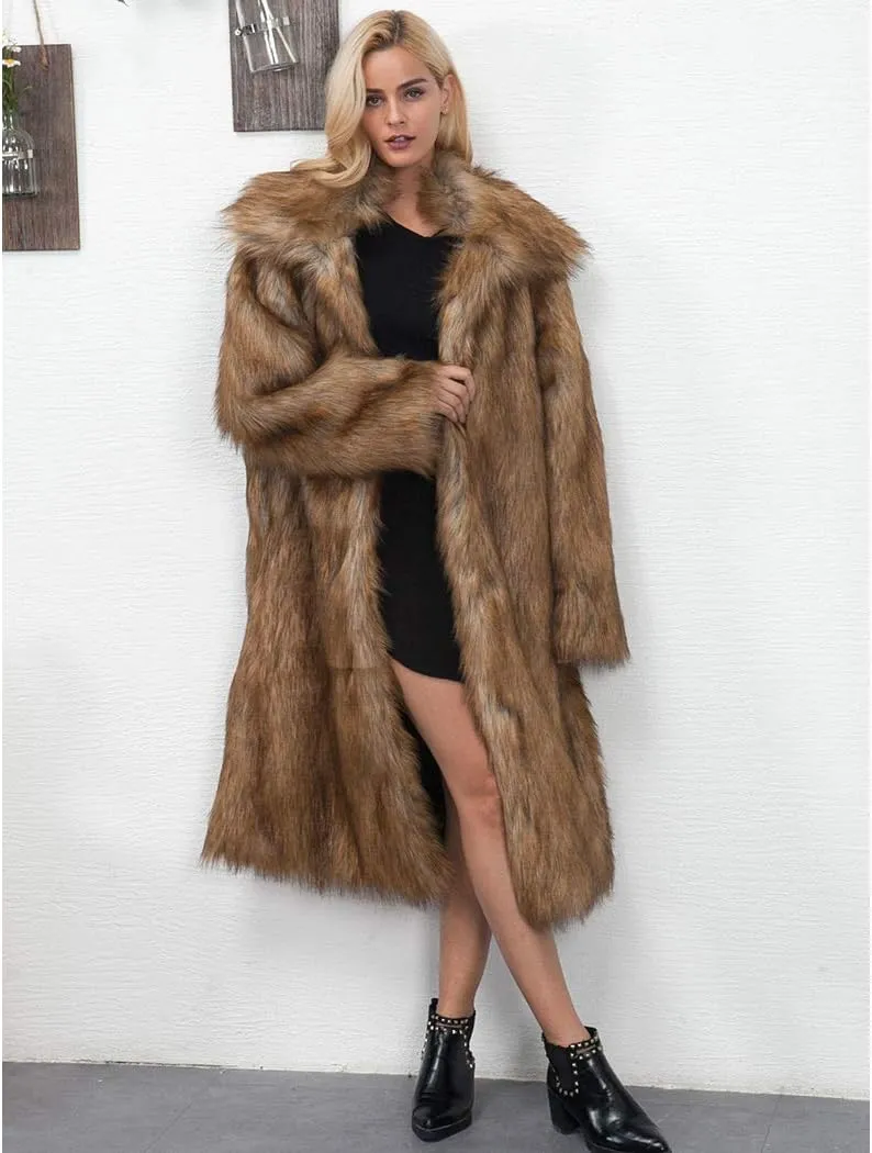 RomanticDesign Women's Long Lapel Faux fur Jacket Shaggy Coat Warm Outerwear Cardigan