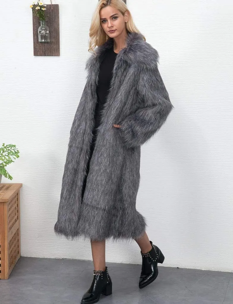 RomanticDesign Women's Long Lapel Faux fur Jacket Shaggy Coat Warm Outerwear Cardigan