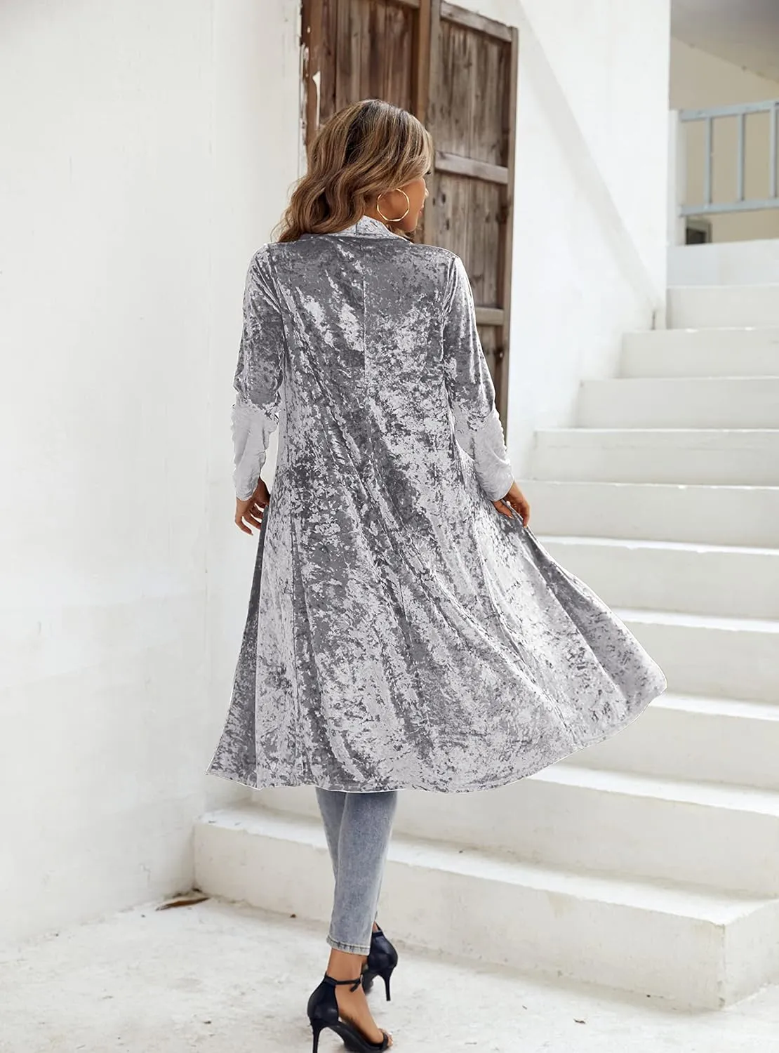 R.Vivimos Women's Long Sleeves Casual Velvet Jacket Open Front Cardigan Coat Outerwear