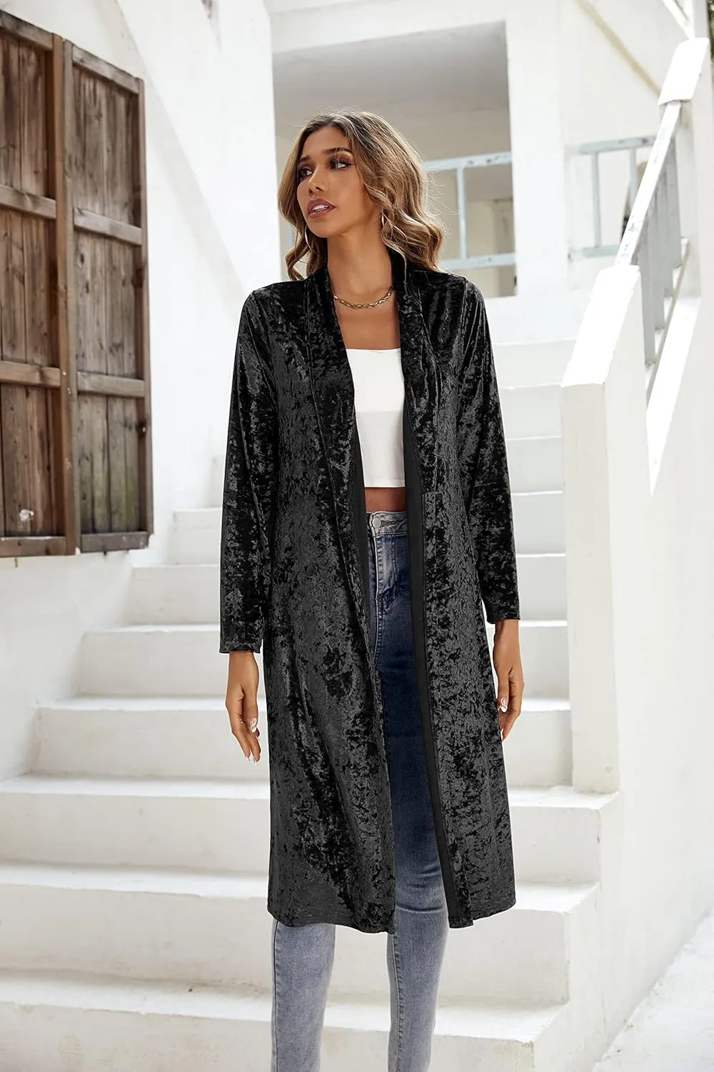 R.Vivimos Women's Long Sleeves Casual Velvet Jacket Open Front Cardigan Coat Outerwear