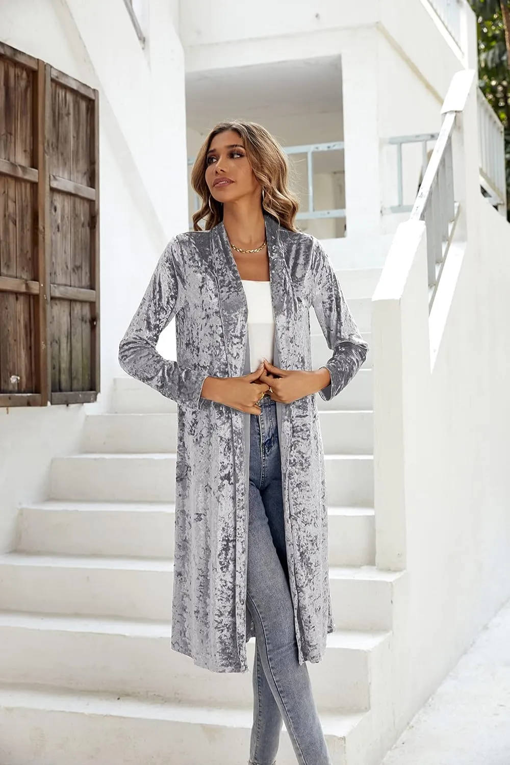 R.Vivimos Women's Long Sleeves Casual Velvet Jacket Open Front Cardigan Coat Outerwear
