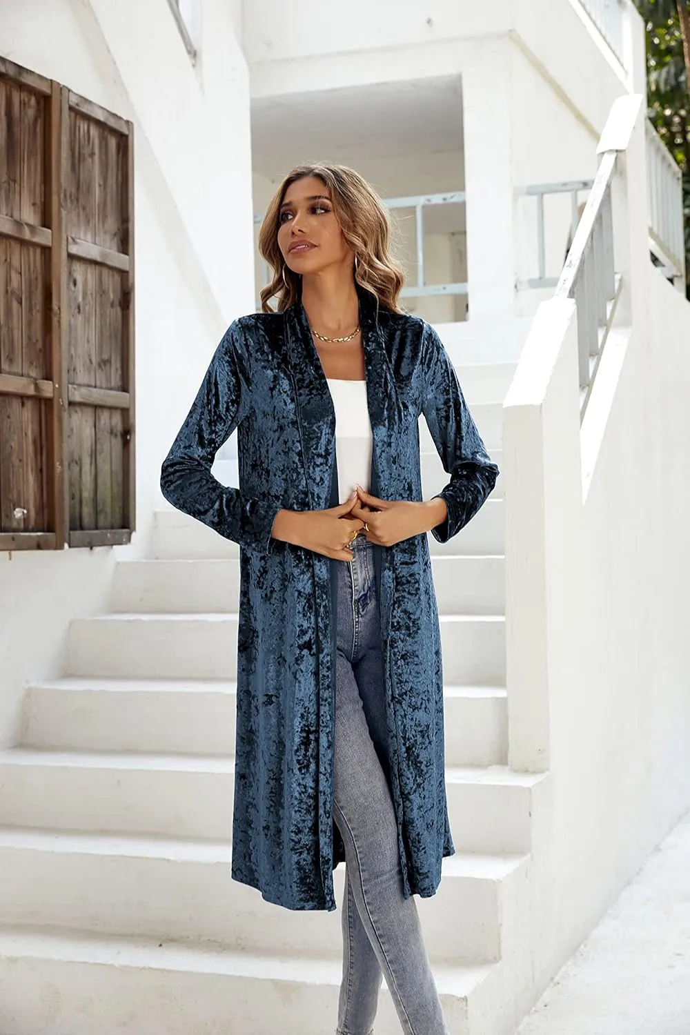 R.Vivimos Women's Long Sleeves Casual Velvet Jacket Open Front Cardigan Coat Outerwear