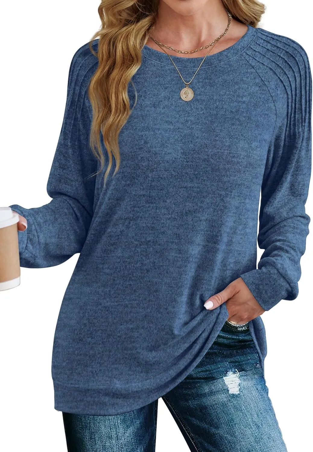 Saloogoe Sweatshirt for Women Crewneck Pleated Long Sleeve Shirts Tunic Tops Fashion Winter Clothing 2025