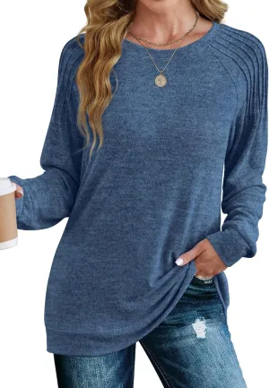 Saloogoe Sweatshirt for Women Crewneck Pleated Long Sleeve Shirts Tunic Tops Fashion Winter Clothing 2025