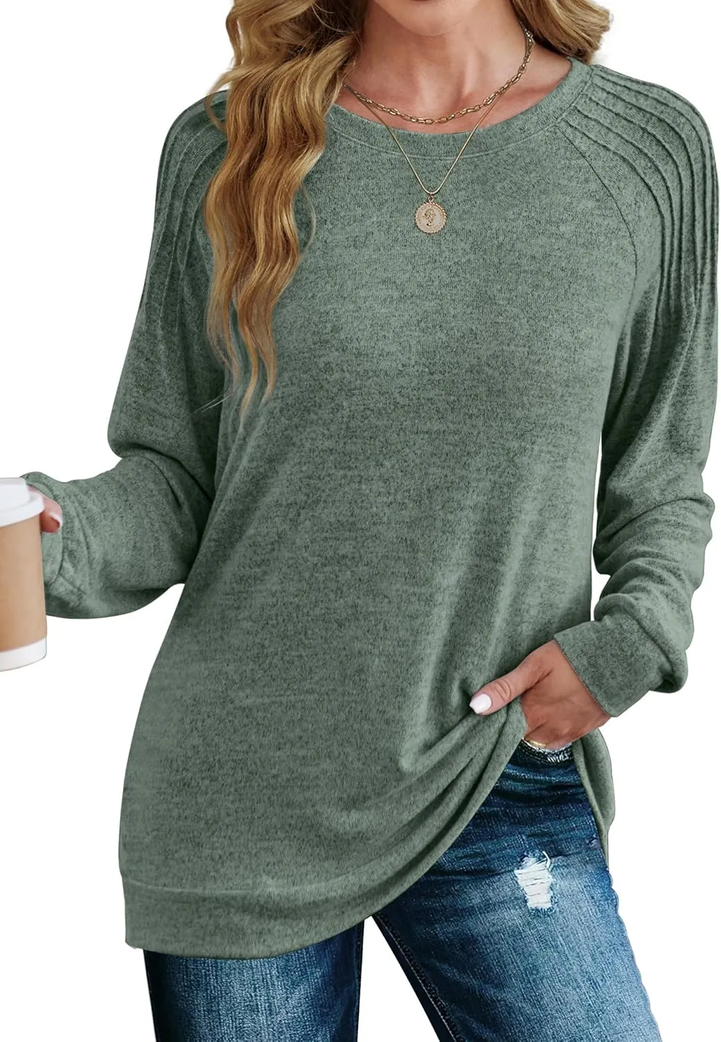 Saloogoe Sweatshirt for Women Crewneck Pleated Long Sleeve Shirts Tunic Tops Fashion Winter Clothing 2025
