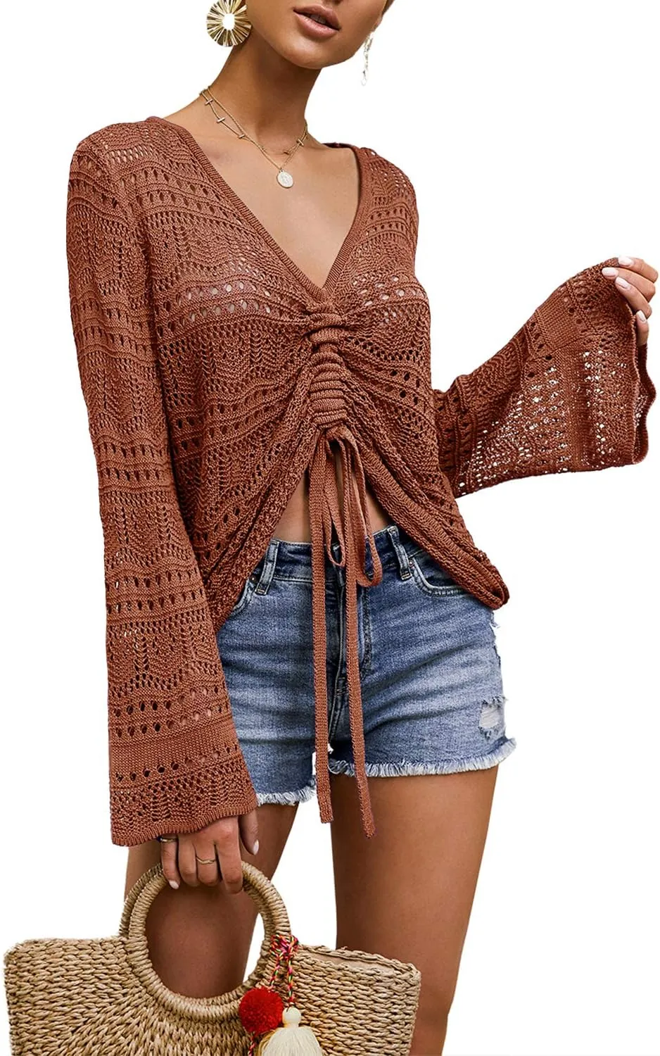 Saodimallsu Womens Boho Off Shoulder Sheer Crop Tops Bell Sleeve Flowy Oversized Crochet Ruched Pullover Sweaters