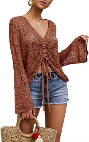 Saodimallsu Womens Boho Off Shoulder Sheer Crop Tops Bell Sleeve Flowy Oversized Crochet Ruched Pullover Sweaters
