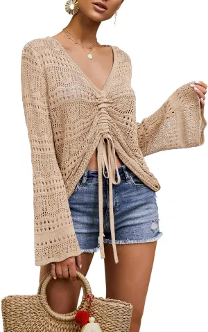 Saodimallsu Womens Boho Off Shoulder Sheer Crop Tops Bell Sleeve Flowy Oversized Crochet Ruched Pullover Sweaters