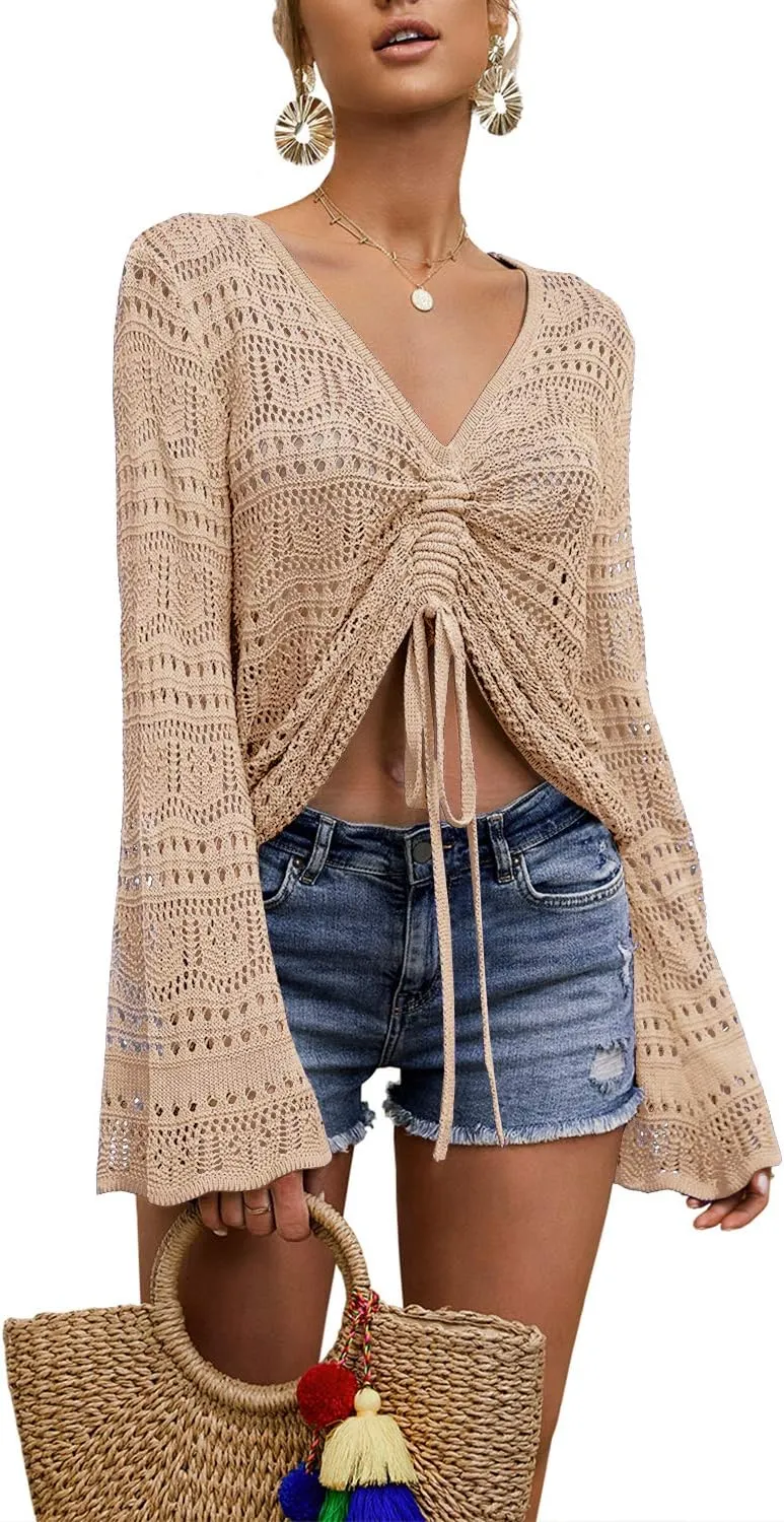 Saodimallsu Womens Boho Off Shoulder Sheer Crop Tops Bell Sleeve Flowy Oversized Crochet Ruched Pullover Sweaters