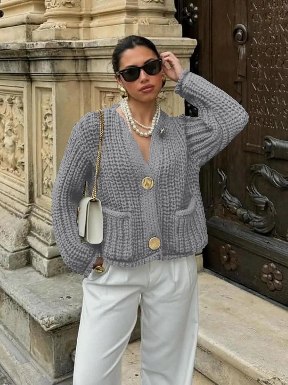 Saodimallsu Womens Button Up Sweaters Fall Chunky Knit Cropped Trendy Crewneck Loose Cardigan with Pockets